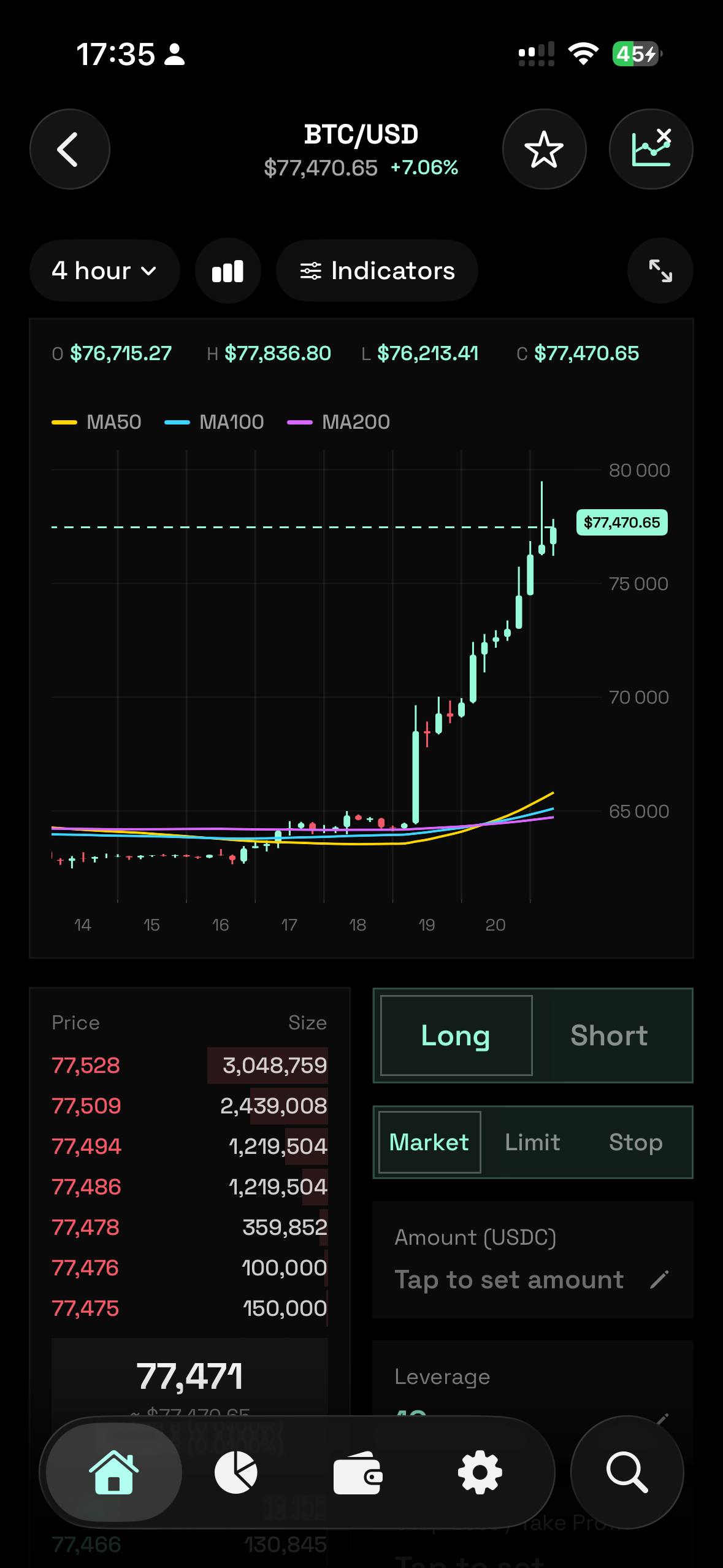 gTrade mobile app showing a BTC/USD chart